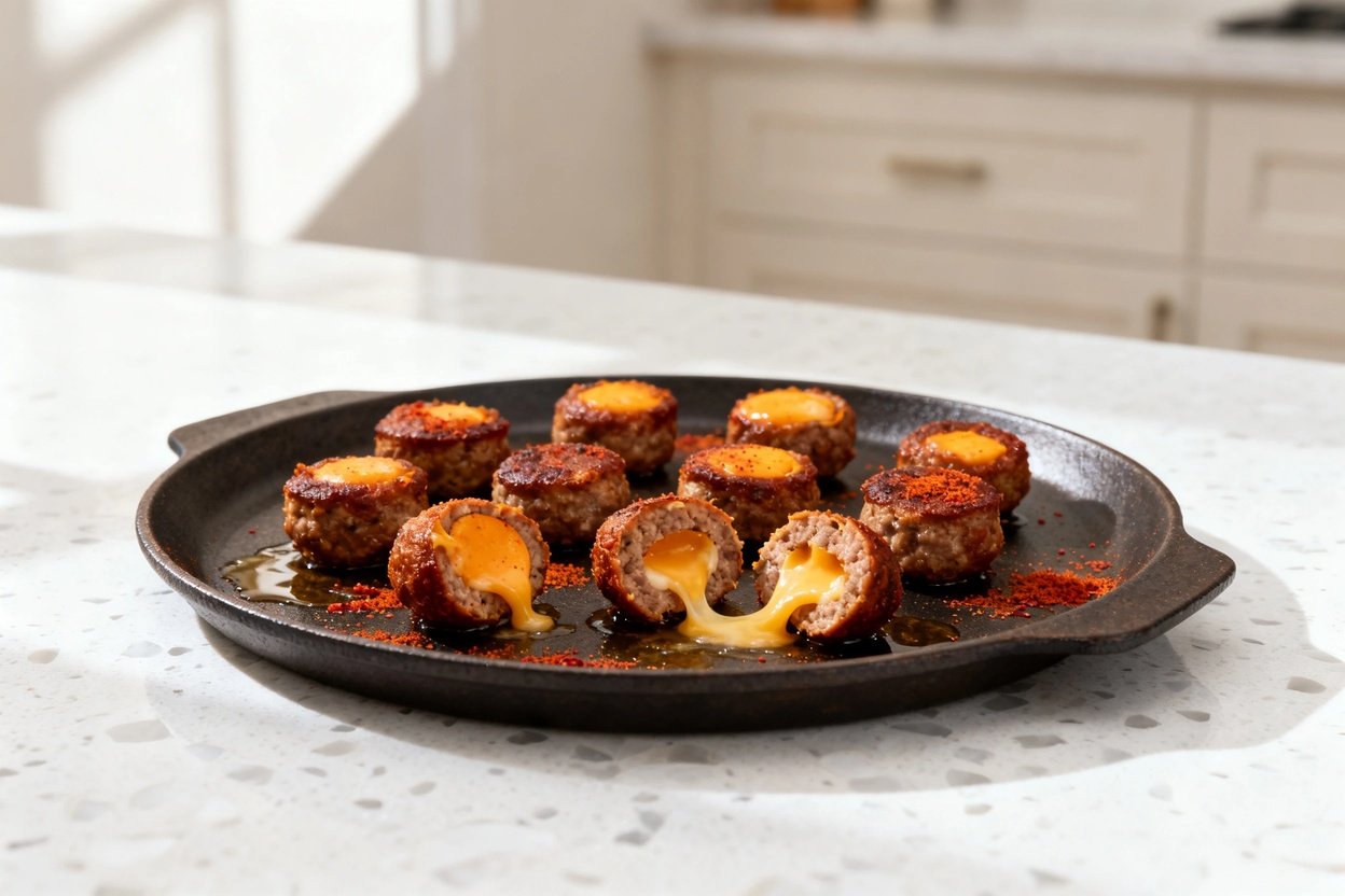 bout 35 degrees) realistic home-kitchen photo of the exact same finished spicy keto sausage bites (s