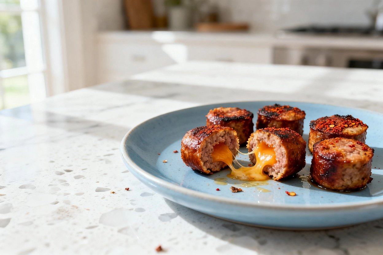shot (about 40 degrees) of the same plated spicy keto sausage bites on the same style light blue ce