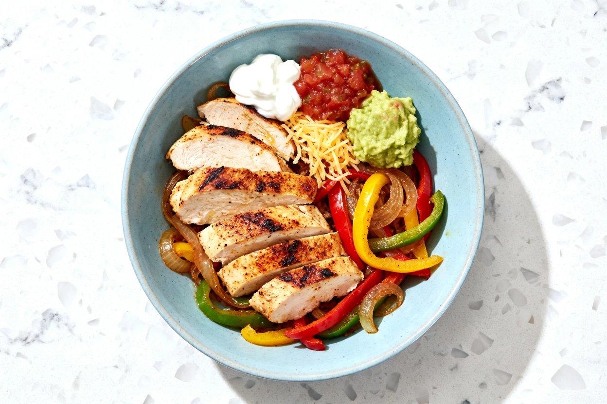 top-down food photo of keto meal prep chicken fajitas: juicy sliced chicken breast with visible char