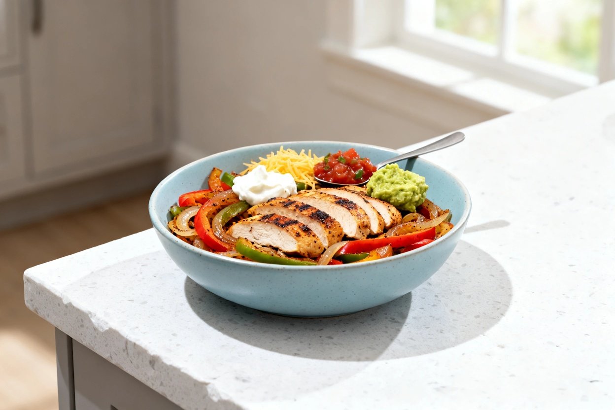 0–40 degrees) realistic home-kitchen photo of the exact same finished keto chicken fajitas portion a