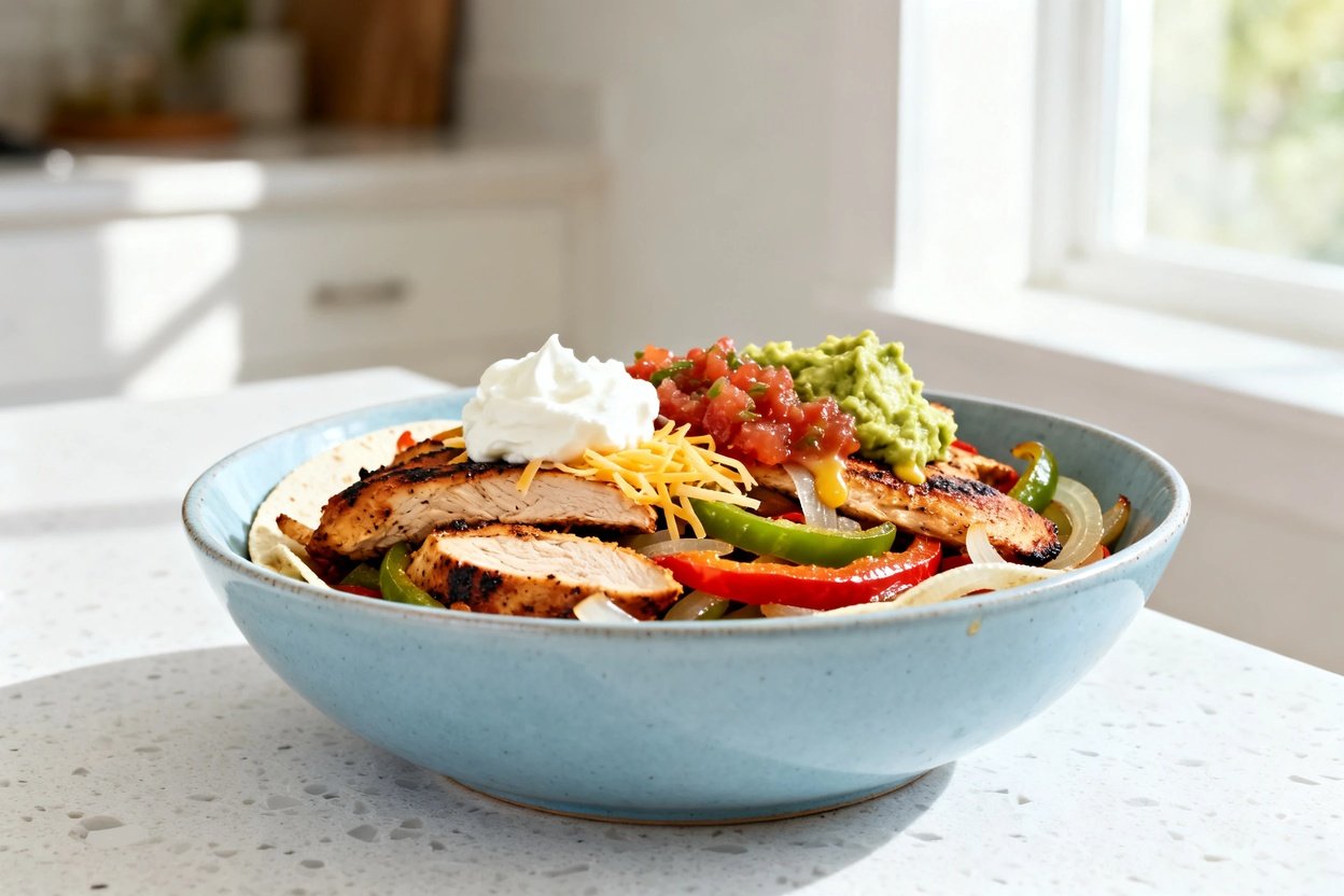  shot (30–45 degrees) emphasizing texture of the same finished keto meal prep chicken fajitas in the