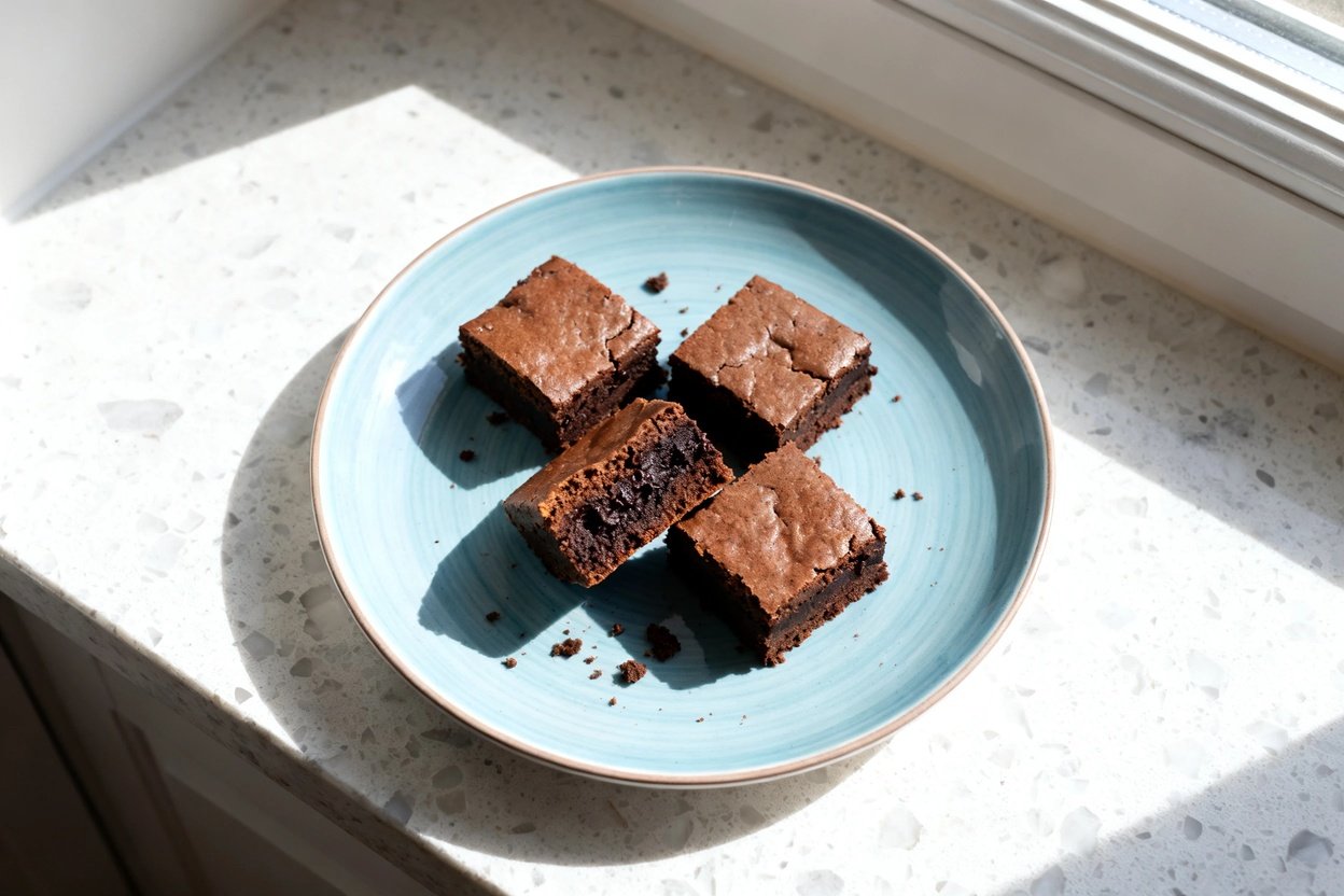 top-down food photo of keto almond butter brownies: a single serving of dense, fudgy brownie squares