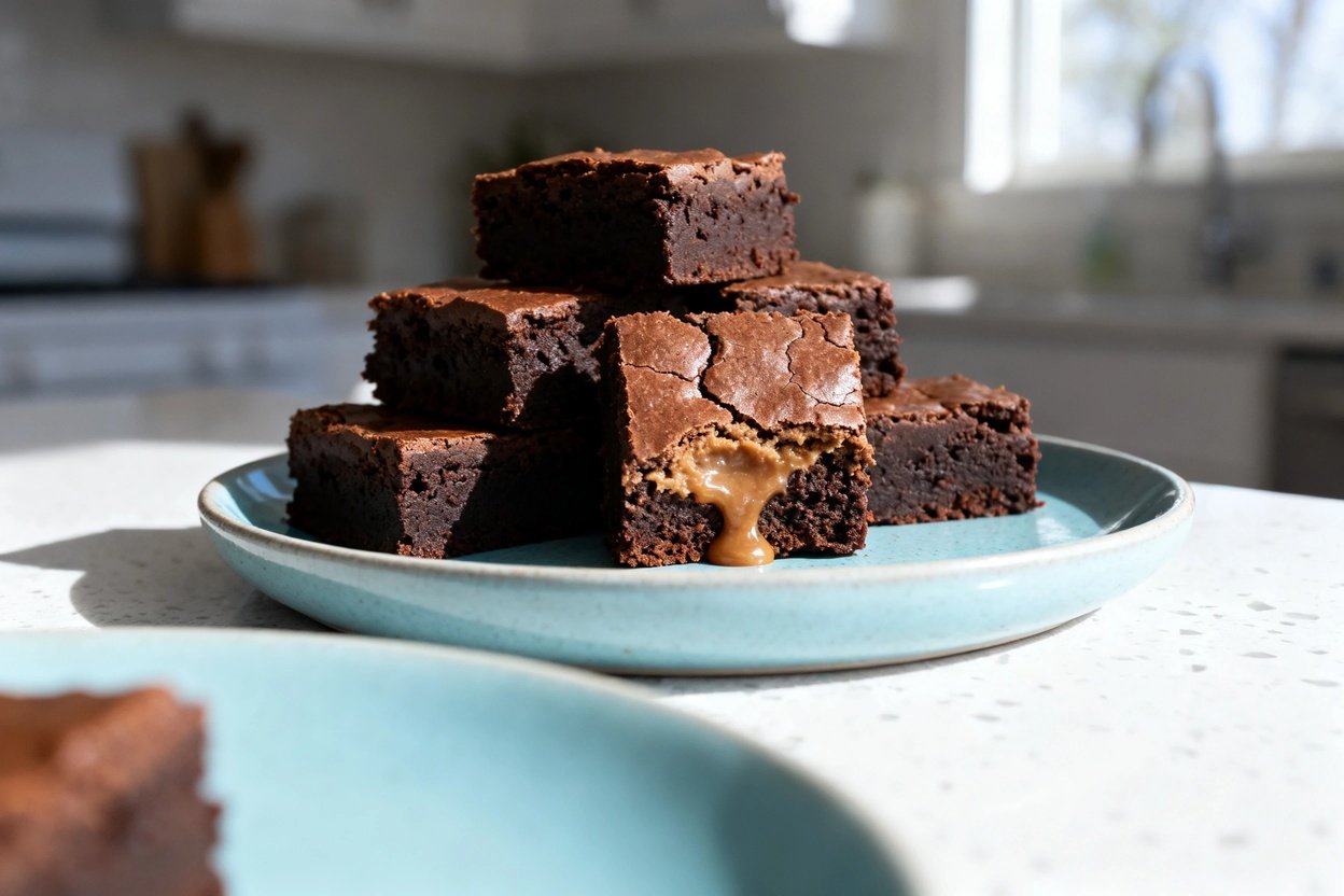  shot at 30–45° of the same plated keto almond butter brownie squares on the same light blue ceramic