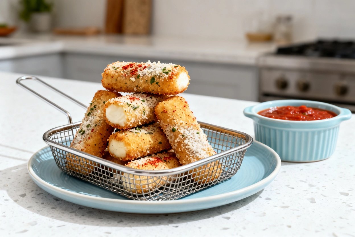 –40° camera view of the exact same finished keto mozzarella sticks (same shape and size, same almond