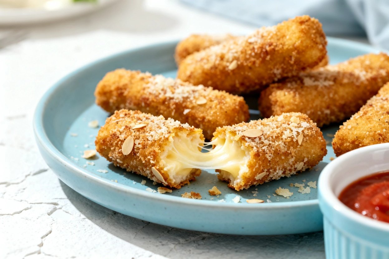  shot at 30–45° of the same plated keto mozzarella sticks on the same light blue ceramic plate on a 