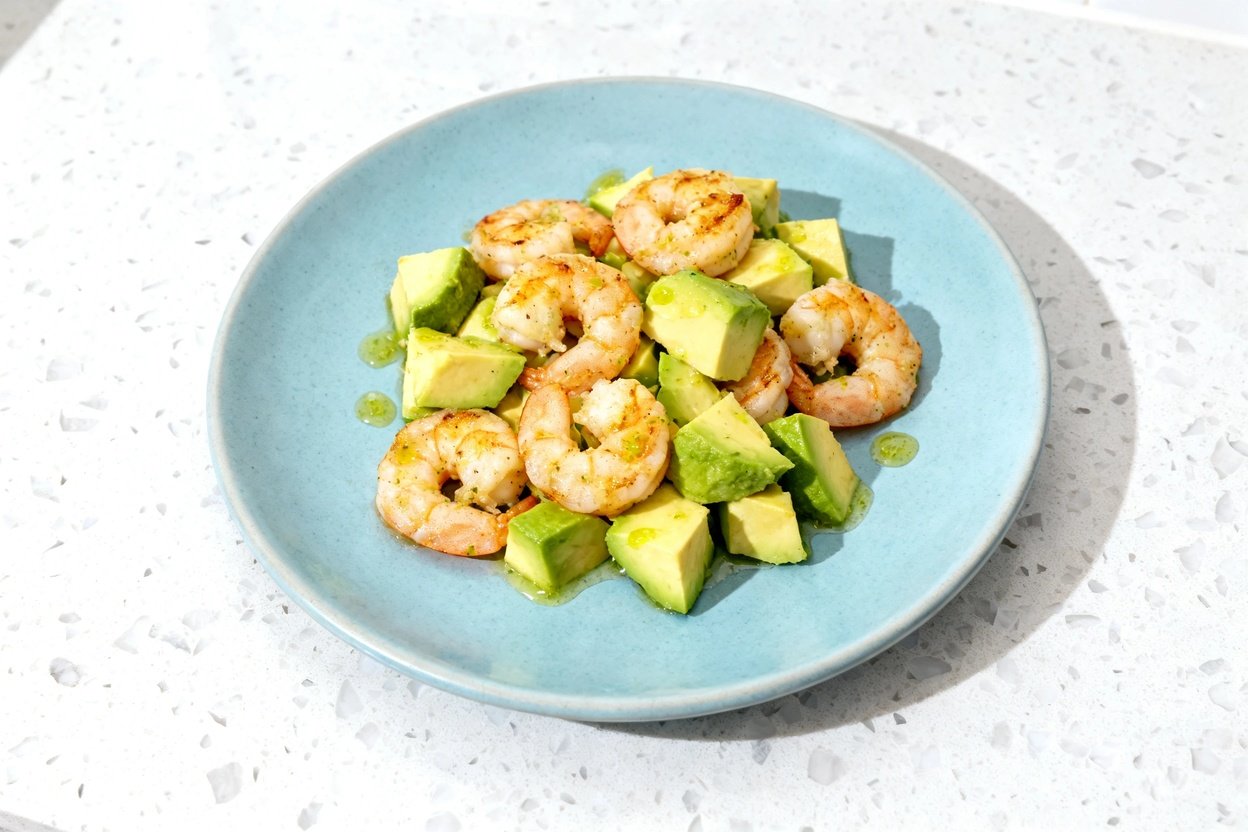 top-down food photograph of a single serving keto avocado shrimp salad centered on a light blue cer