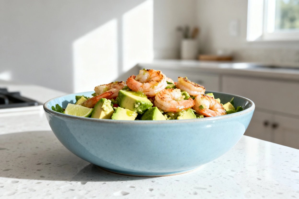 bout 30–40 degrees) realistic food photo of the exact same finished keto avocado shrimp salad, same