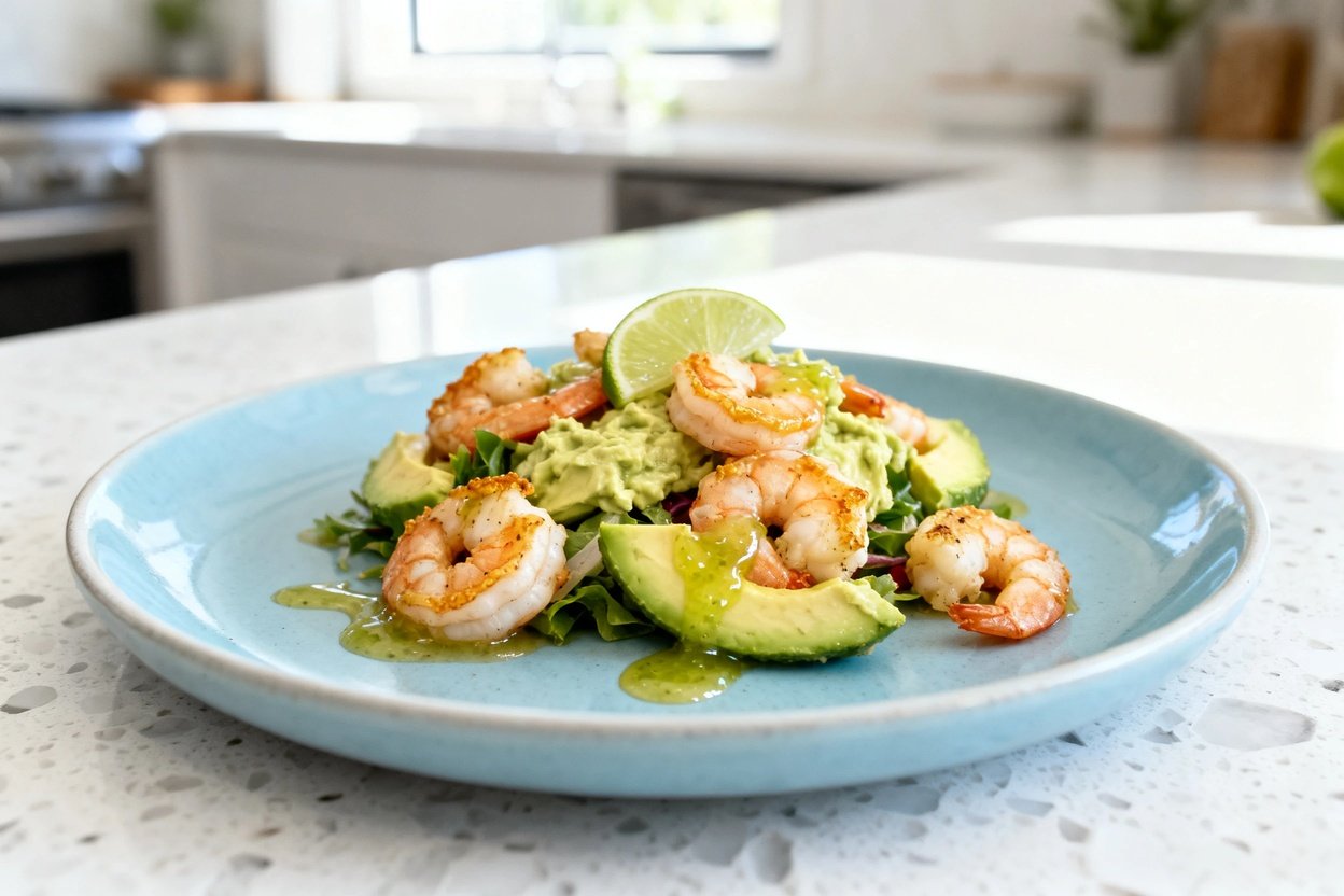 shot (about 30–45 degrees) of the same plated keto avocado shrimp salad on the same light blue cera