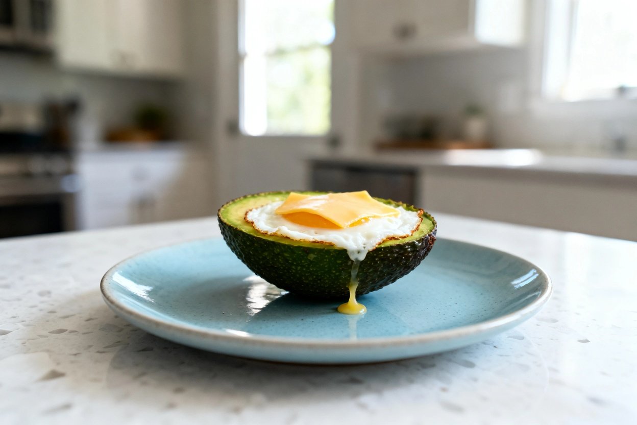 –40 degree perspective showing the exact same finished dish and presentation: a single avocado half