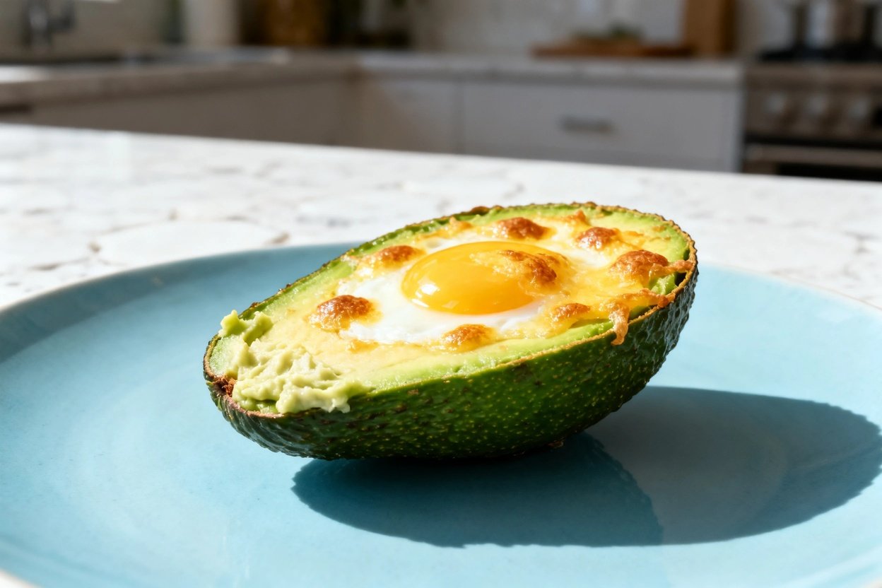  shot at about 30–45 degrees emphasizing texture of the same finished keto baked avocado and egg cup
