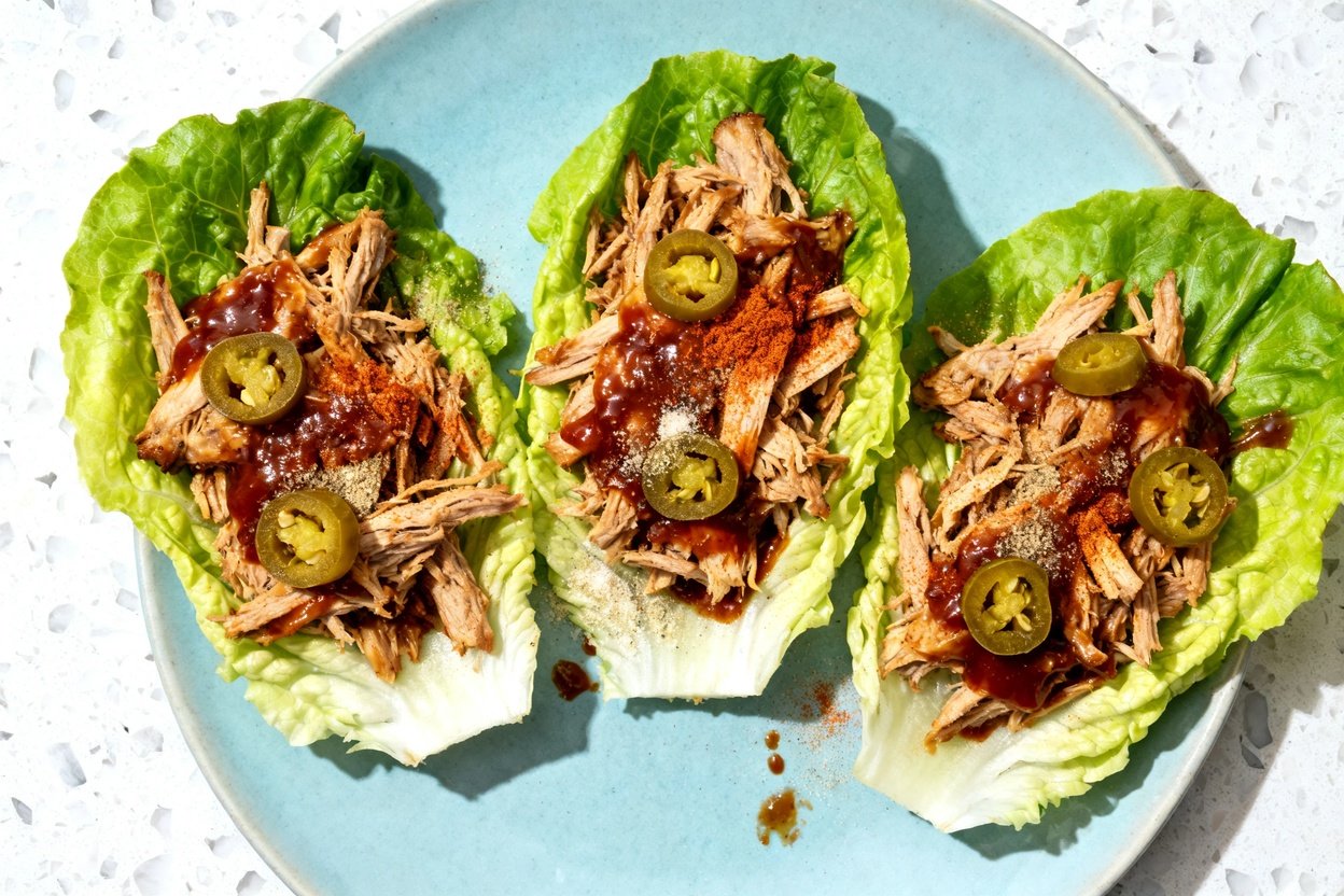 top-down food photo of keto BBQ pulled pork lettuce wraps: three romaine (or butter lettuce) leaves