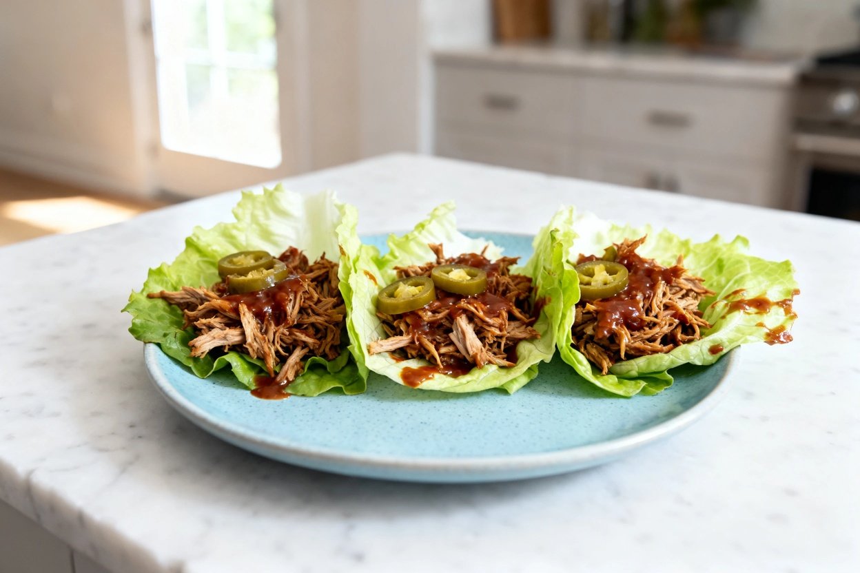bout 35°) contextual food photo of the exact same finished keto BBQ pulled pork lettuce wraps (same