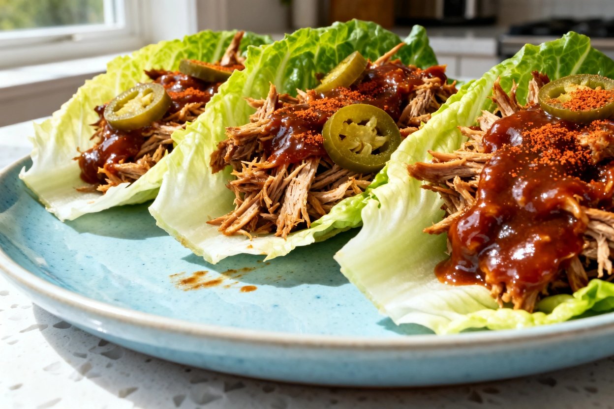 shot (about 40°) emphasizing texture of the same keto BBQ pulled pork lettuce wraps, same portion a