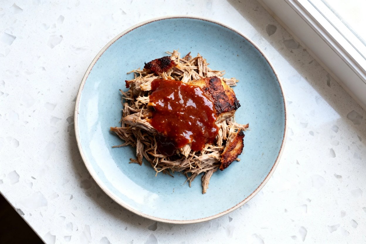 top-down food photo of a keto BBQ pulled pork skillet serving: a single portion of tender pulled por