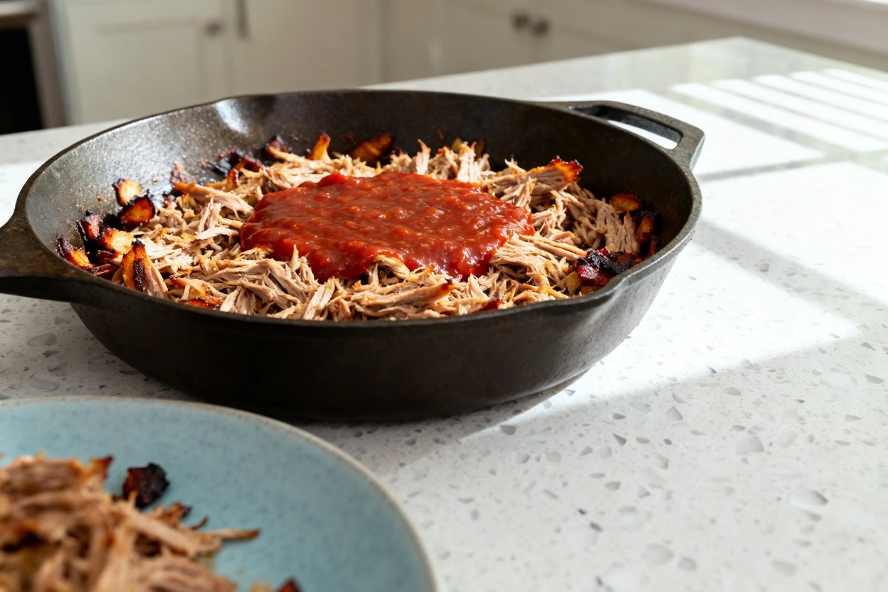 bout 35°) photo of the same finished keto BBQ pulled pork from the same cooking session, same portio
