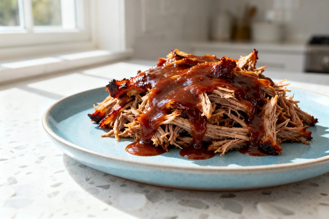  shot (about 40–45°) of the same plated keto BBQ pulled pork: identical pulled strands, same crisped