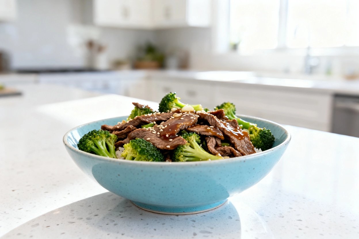 bout 35 degrees) photo of the exact same finished Keto Beef and Broccoli bowl: thin beef slices and