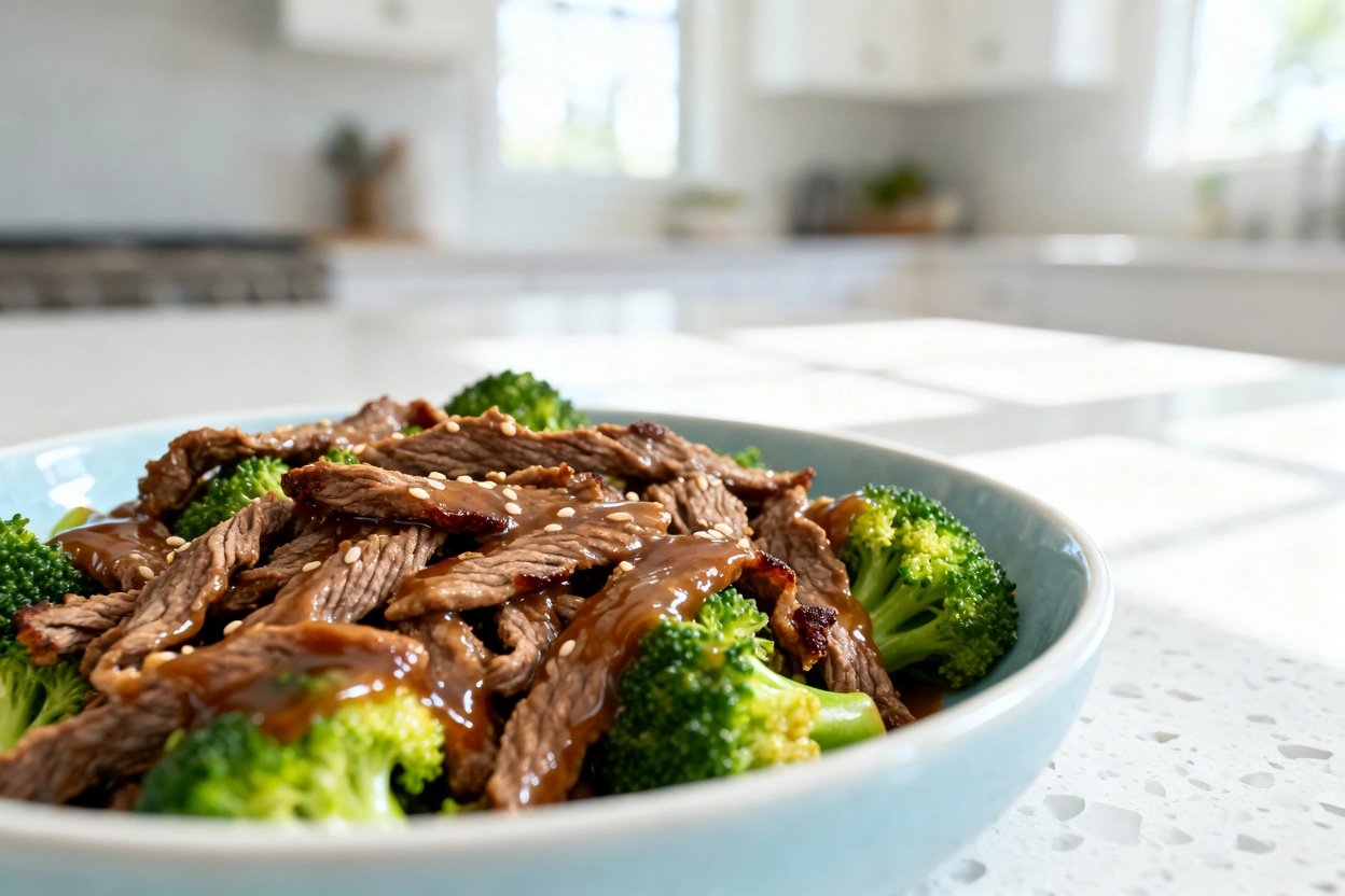  shot (about 40–45 degrees) of the same plated Keto Beef and Broccoli in the same light blue ceramic