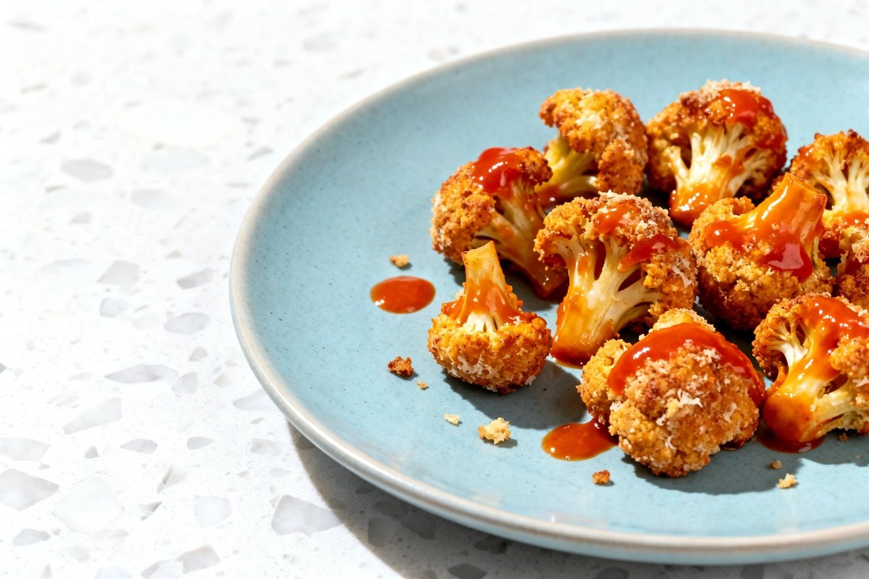 top-down food photo of Keto Buffalo Cauliflower Bites: a single serving mound of baked cauliflower f