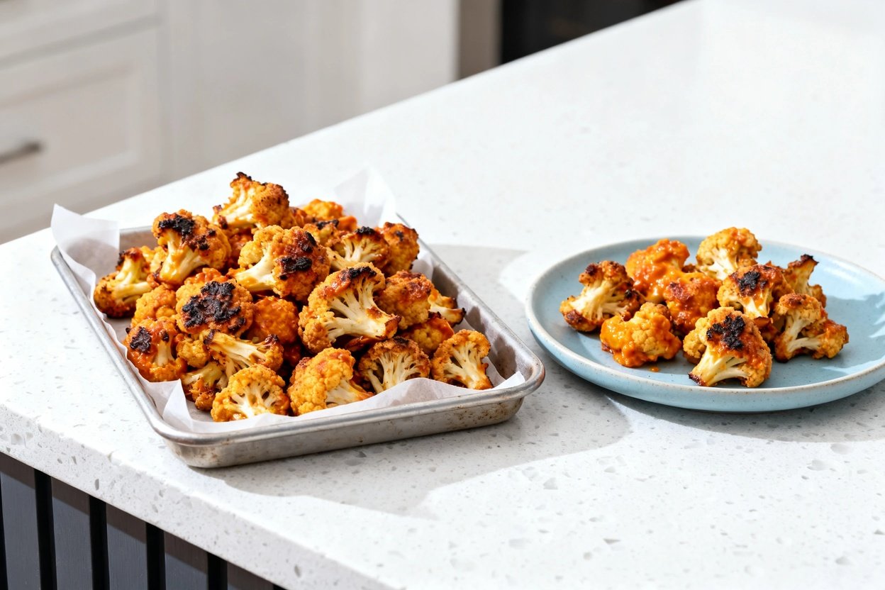 bout 35 degrees) photo of the exact same finished Keto Buffalo Cauliflower Bites during the same ses