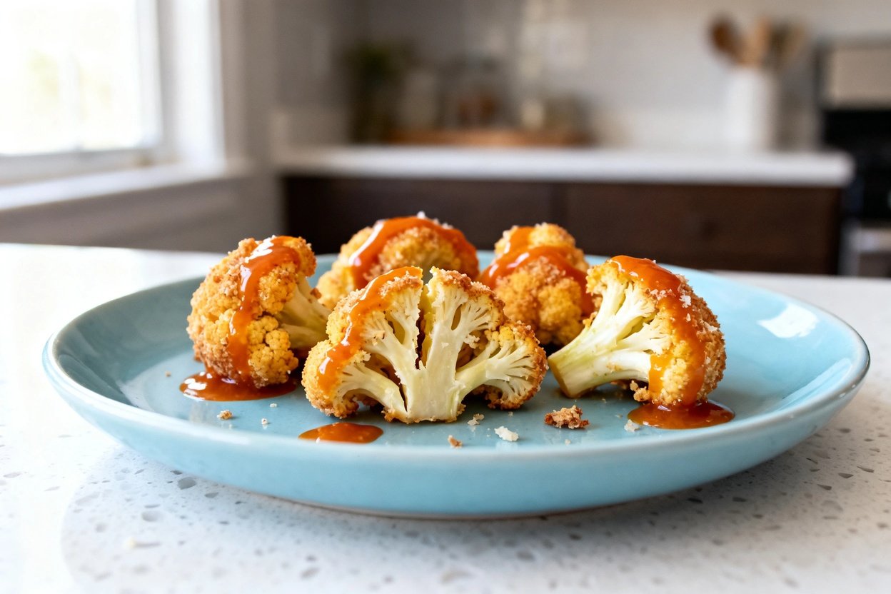  shot (about 40–45 degrees) of the same plated Keto Buffalo Cauliflower Bites on the identical light