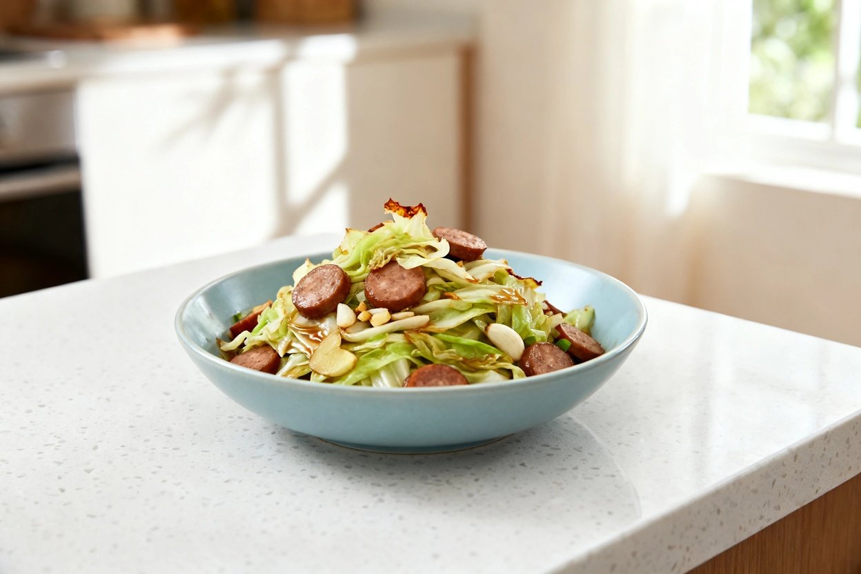 bout 35 degrees) realistic home-kitchen photo of the same finished keto cabbage stir fry with sausag