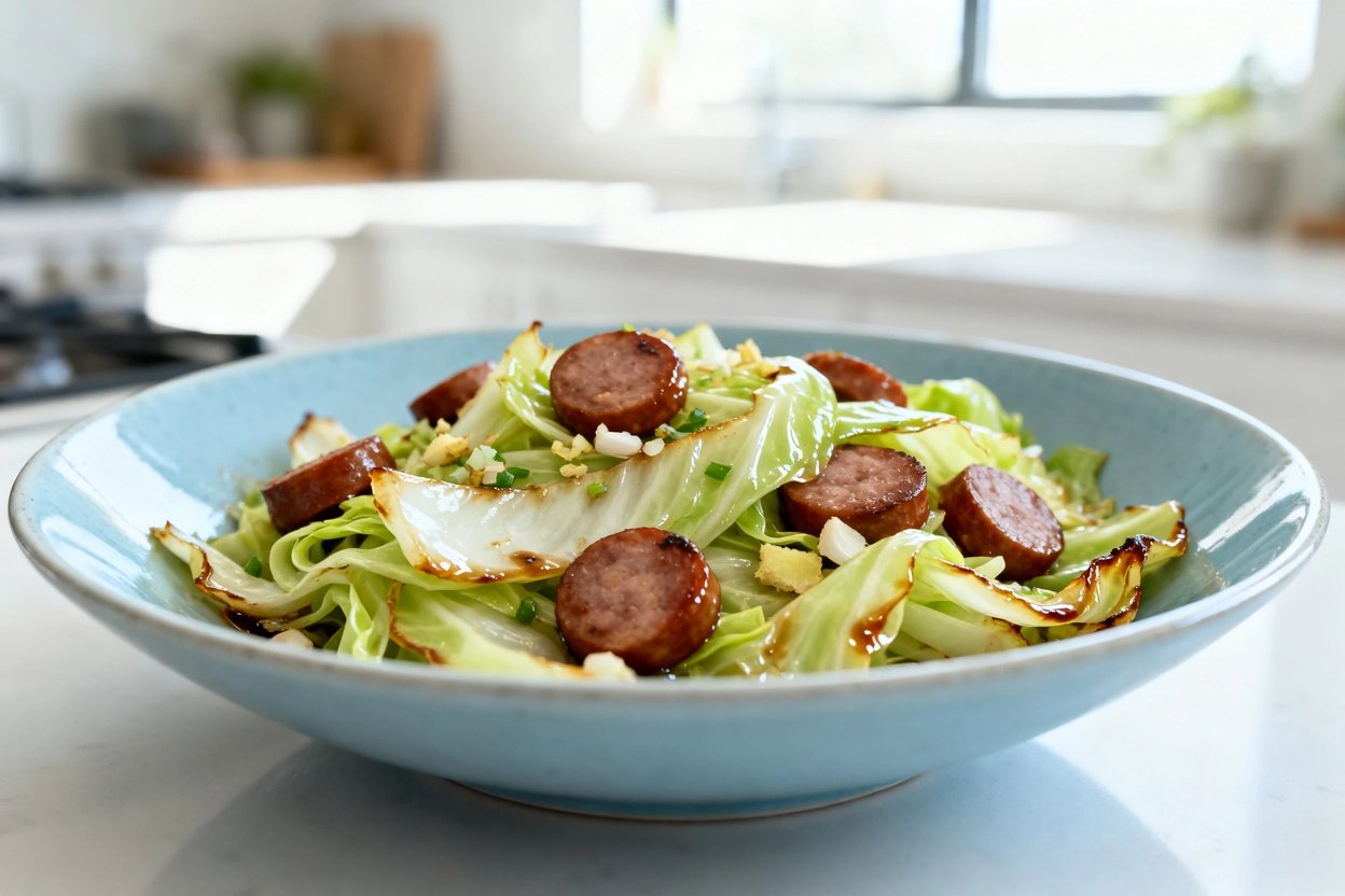  shot (about 40–45 degrees) emphasizing texture of the same keto cabbage stir fry with sausage, iden