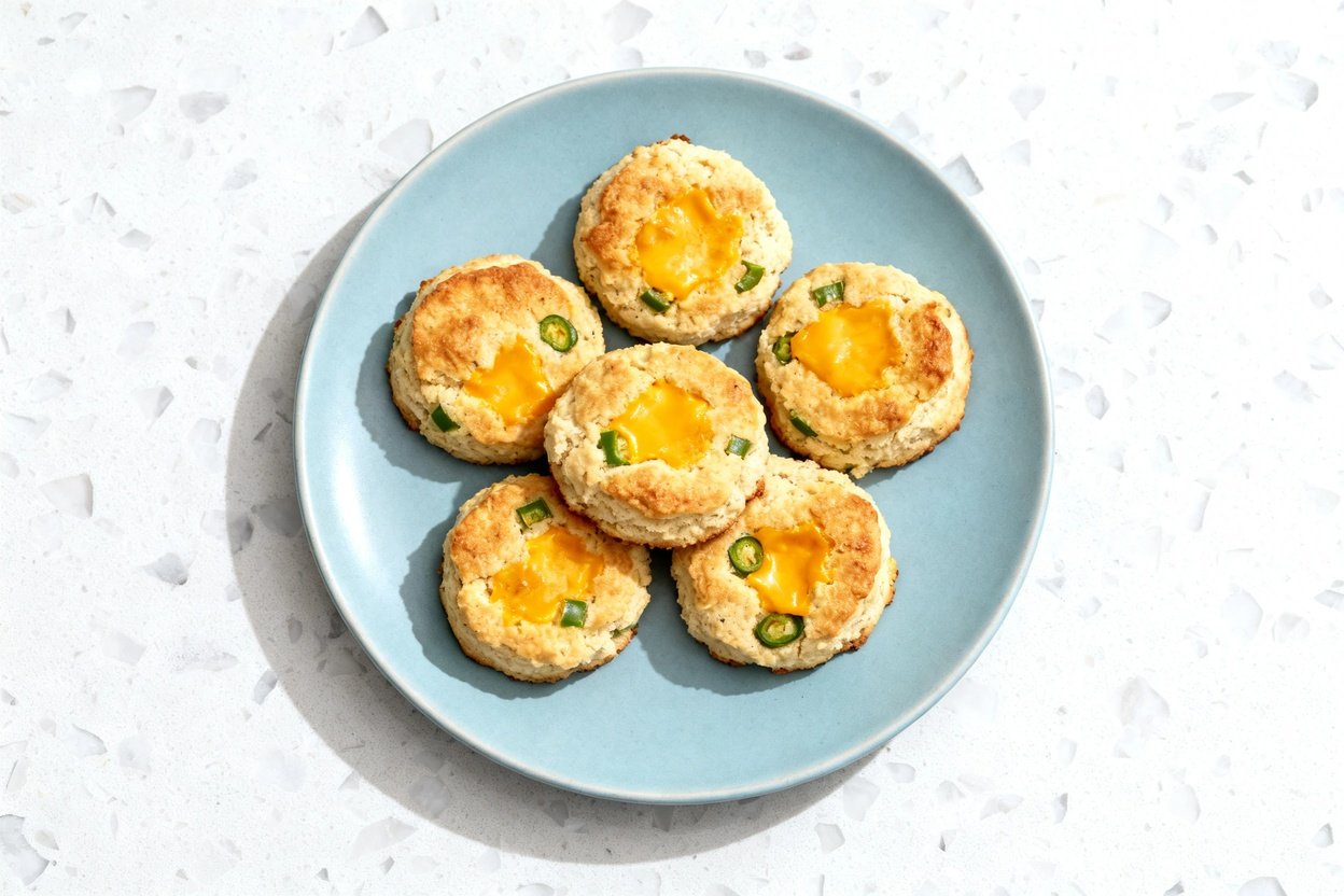 top-down food photo of the finished dish: Keto Cheddar Jalapeño Biscuits—six small, round, thick dro
