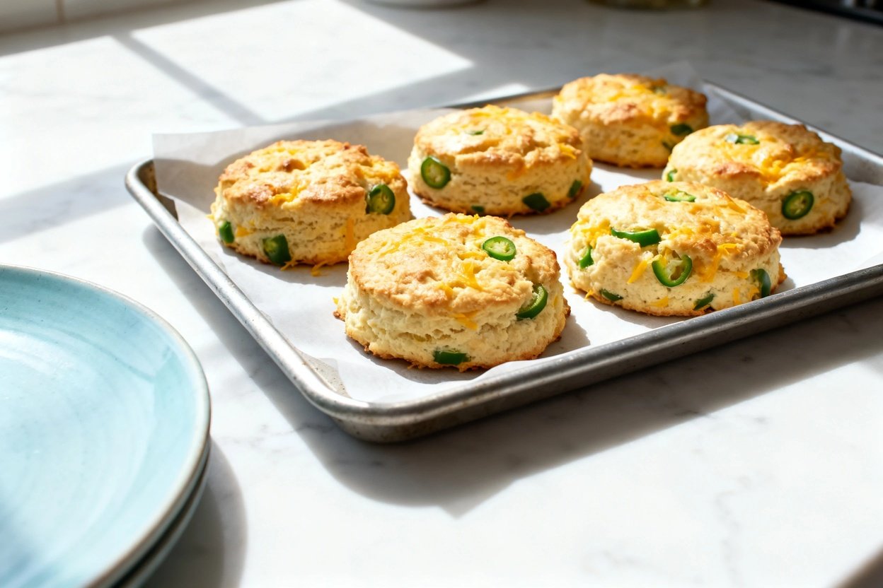 –40 degree camera view of the exact same finished Keto Cheddar Jalapeño Biscuits: the same six round