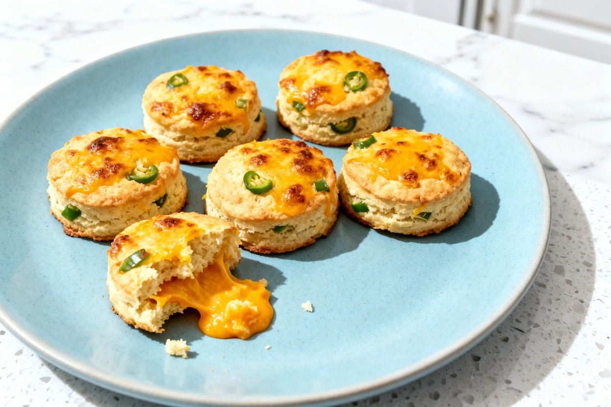 shot at 30–45 degrees of the same plated finished dish: Keto Cheddar Jalapeño Biscuits—same six sma