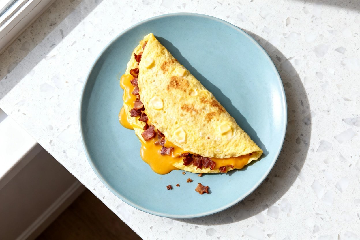 top-down food photograph of a finished keto cheesy bacon omelet: a single fluffy folded omelet (half