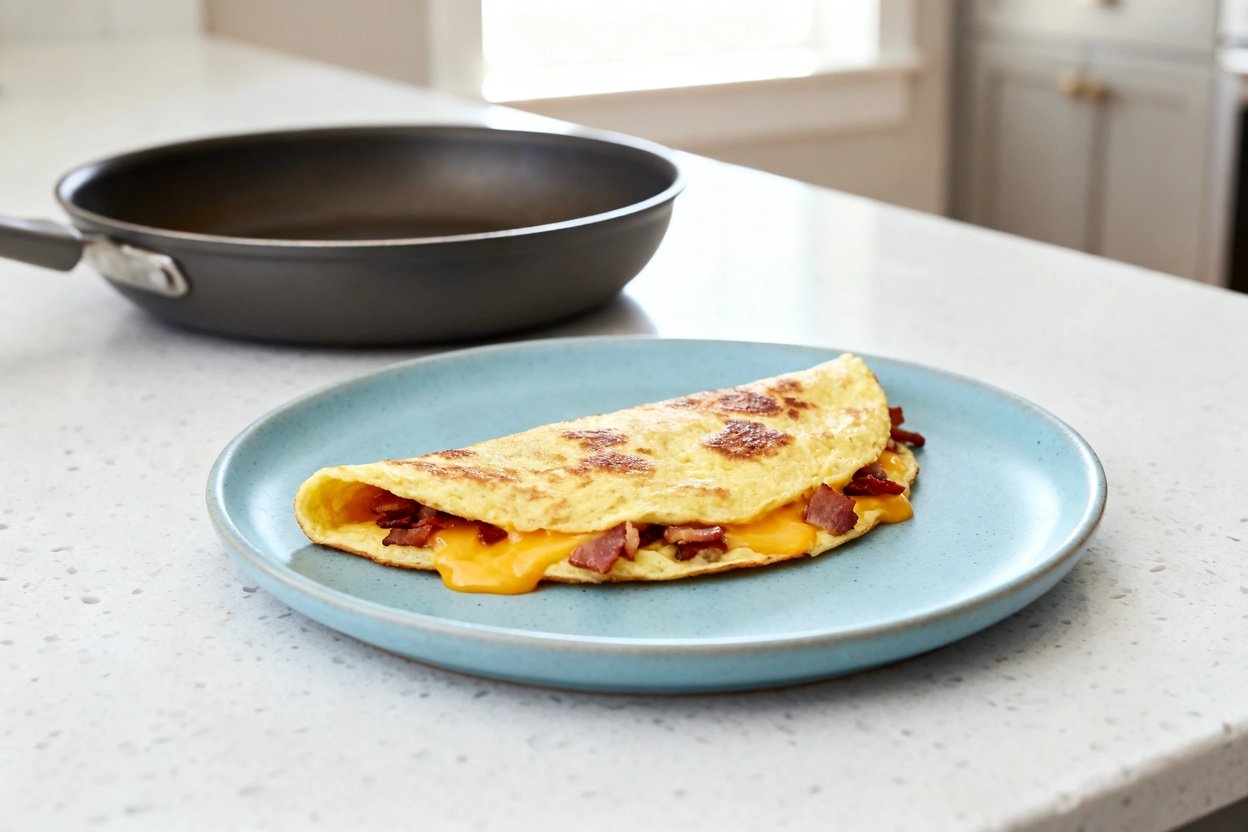 –40 degree perspective of the exact same finished keto cheesy bacon omelet (same half-moon folded sh