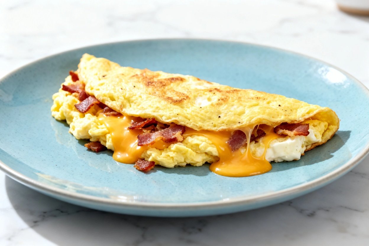  shot at 30–45 degrees of the same finished keto cheesy bacon omelet on the same light blue ceramic