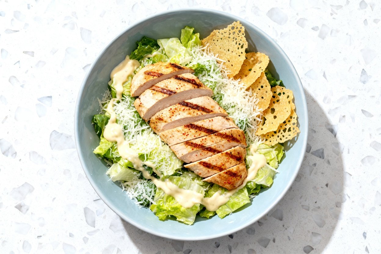 top-down food photo of a finished keto chicken Caesar salad: sliced juicy grilled chicken breast (li