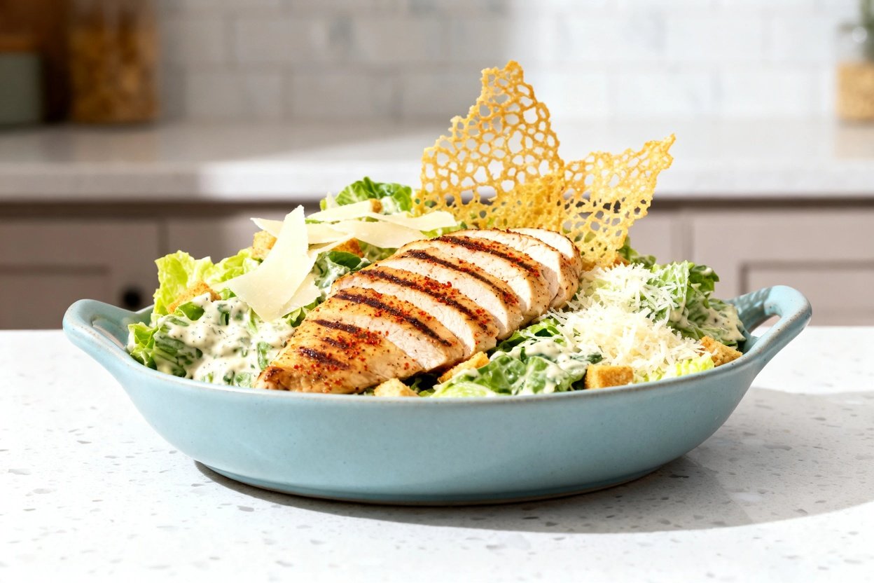–40 degree perspective of the same finished keto chicken Caesar salad, identical ingredients and arr