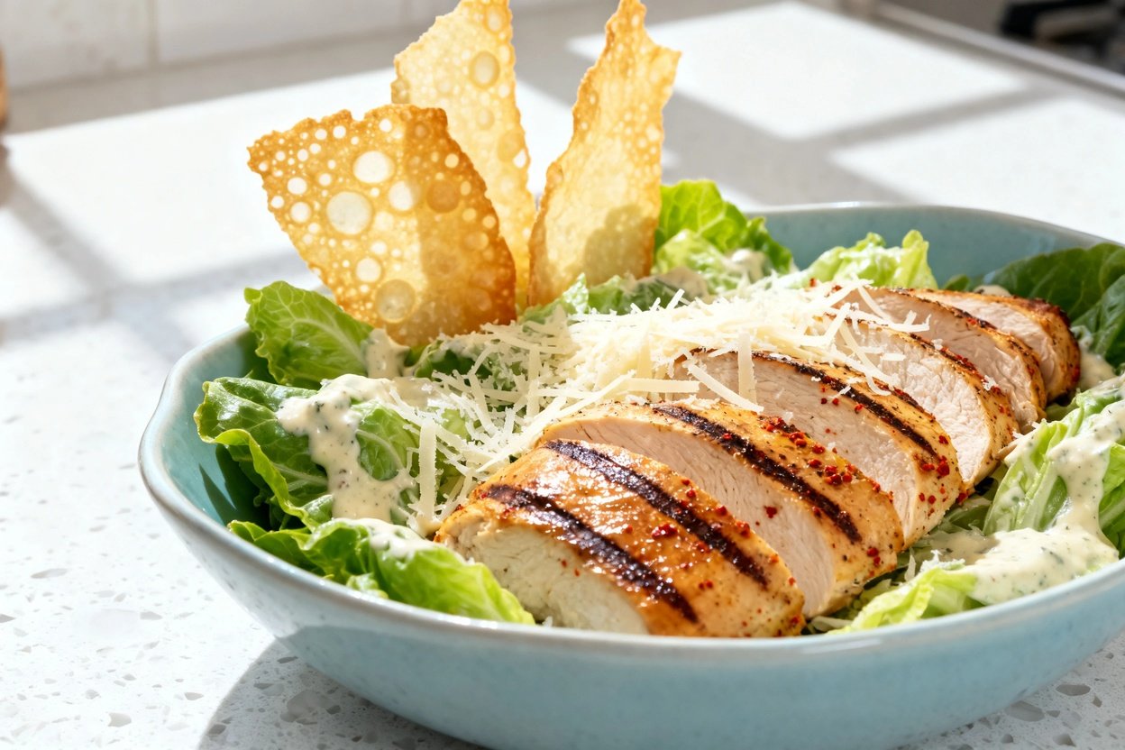  shot at ~30–45 degrees focusing on texture of the same keto chicken Caesar salad on the same light 