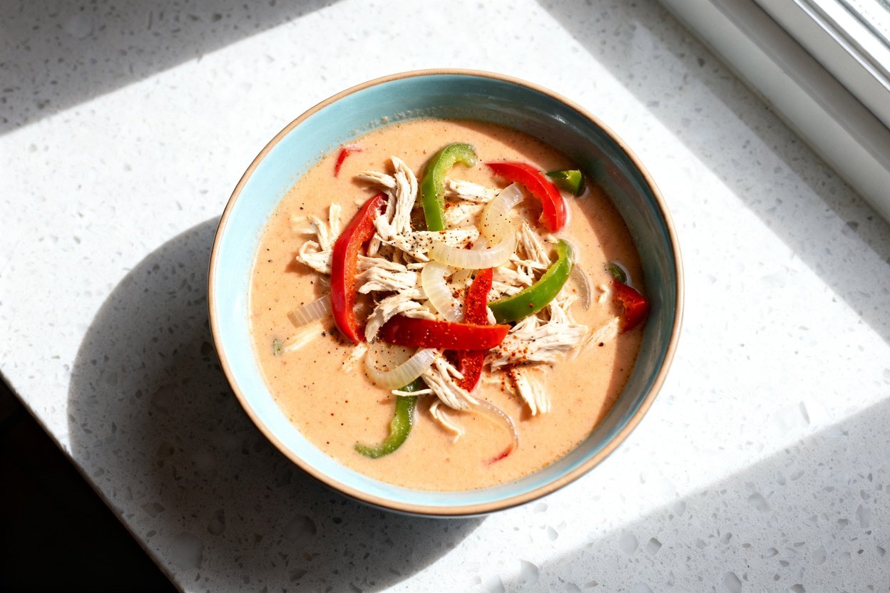 top-down food photo of a single serving of Keto Chicken Fajita Soup: creamy pale-orange broth with