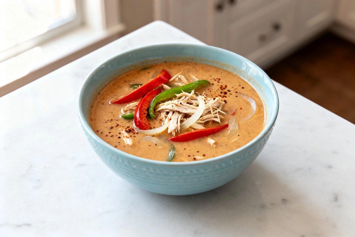 mera perspective (about 35 degrees) showing the same finished Keto Chicken Fajita Soup in the same l