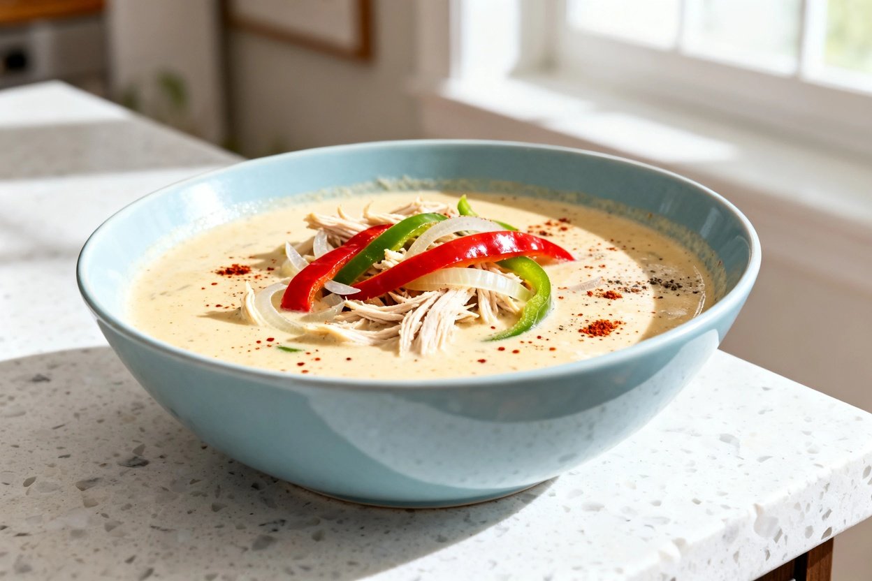 shot (about 40–45 degrees) of the same Keto Chicken Fajita Soup plated in the same light blue ceram
