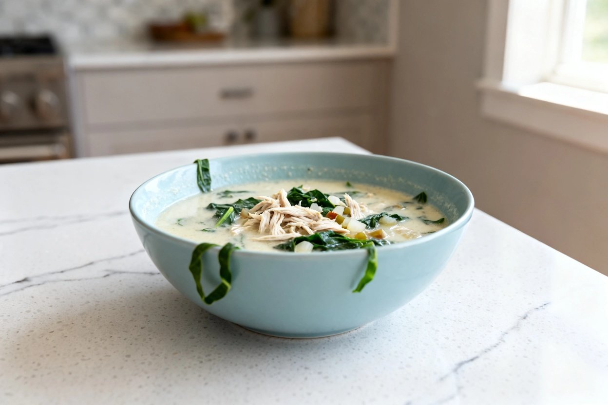–40° camera perspective of the exact same finished Keto Creamy Chicken Florentine Soup (identical pa