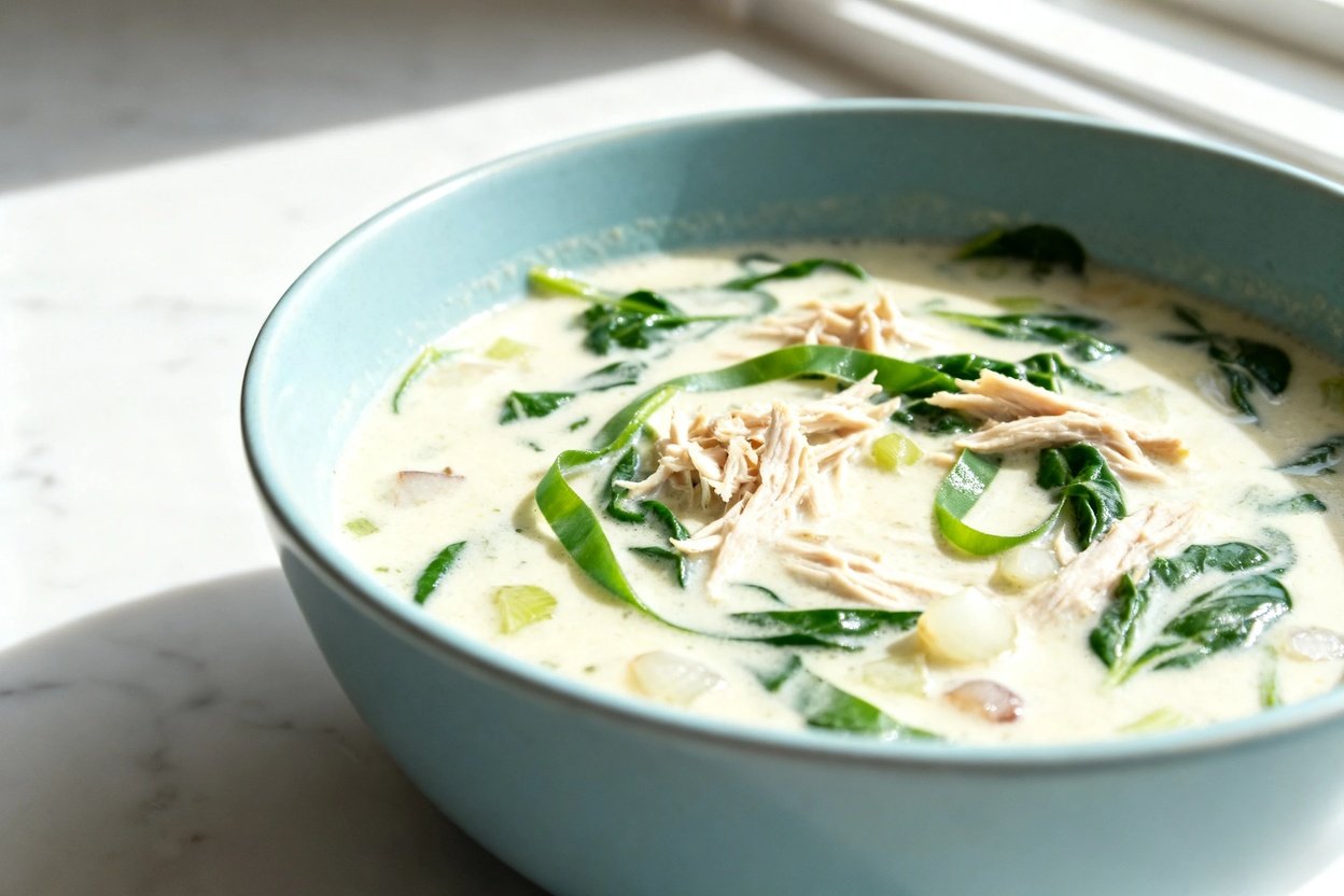  shot at approximately 30–45° of the same Keto Creamy Chicken Florentine Soup plated in the same lig