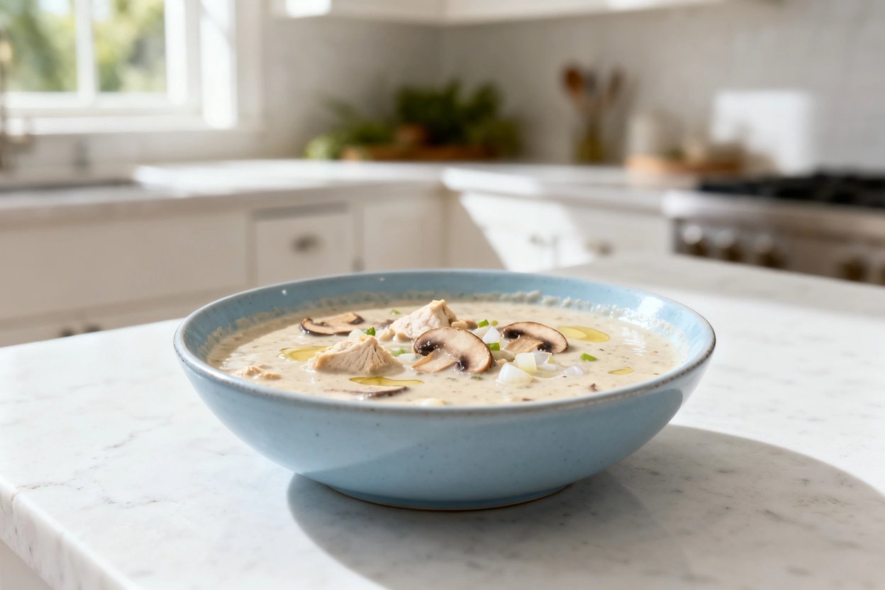 bout 35 degrees) photorealistic shot of the exact same finished keto creamy chicken mushroom soup, i