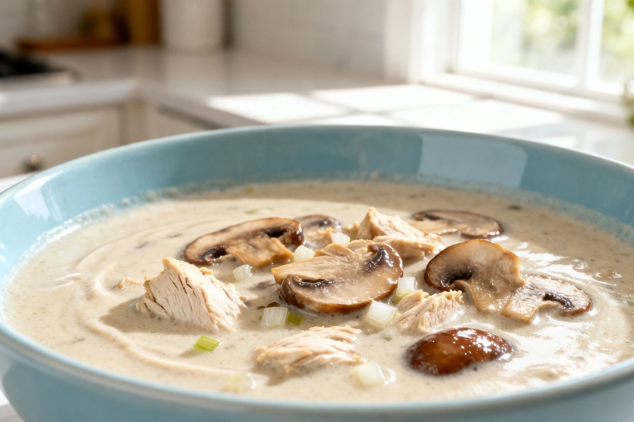  shot (about 40–45 degrees) of the same single serving of keto creamy chicken mushroom soup in the s