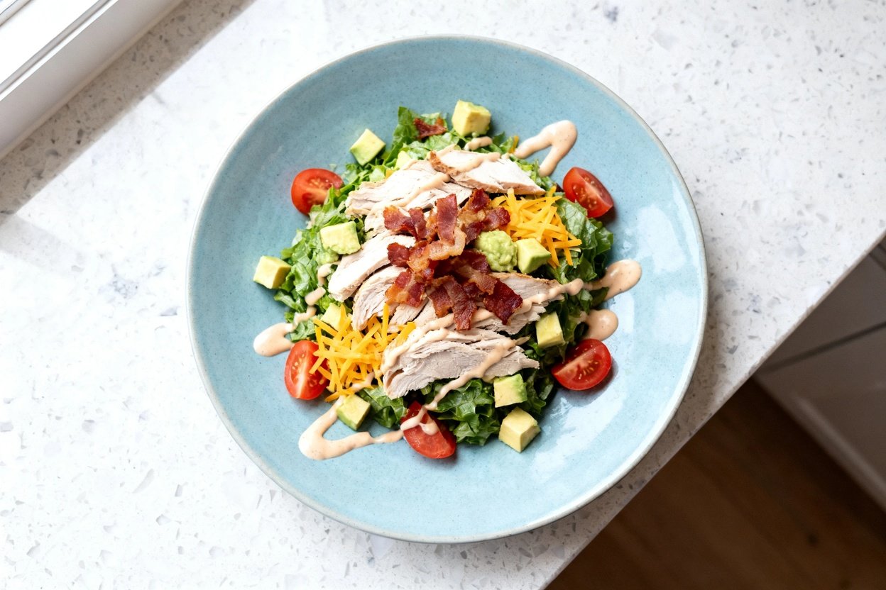 top-down food photo of a finished low carb turkey club salad (keto), plated as a single serving on a