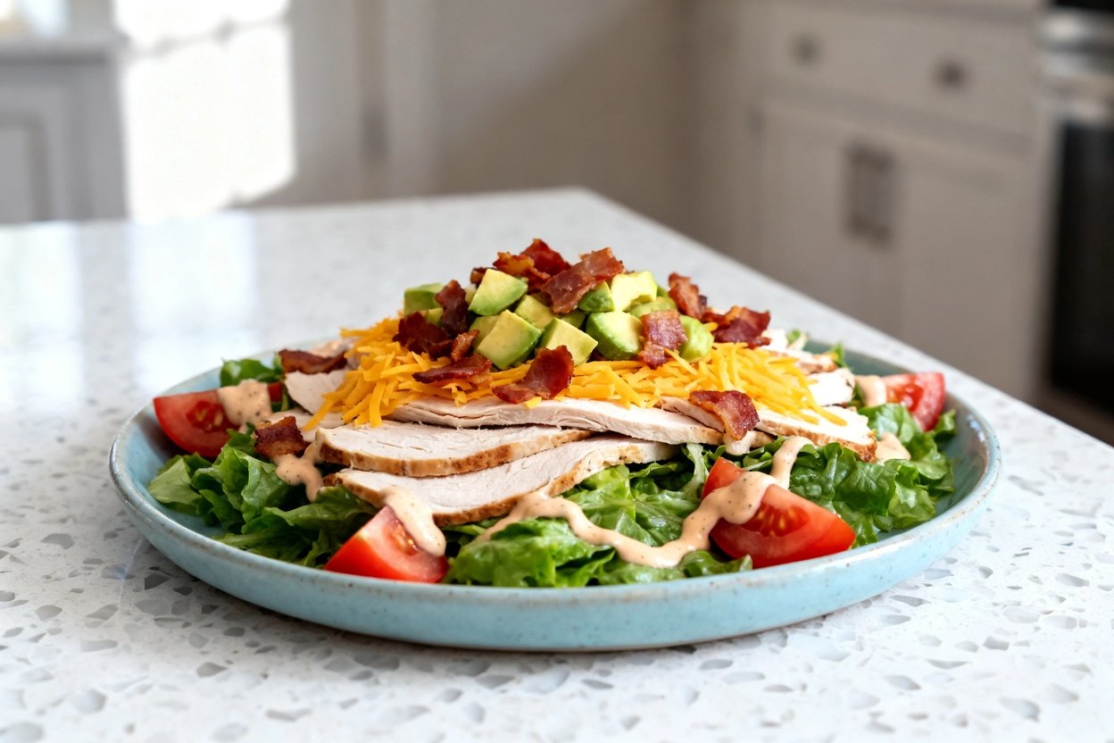 –40 degree camera view of the exact same finished low carb turkey club salad (same ingredients and s