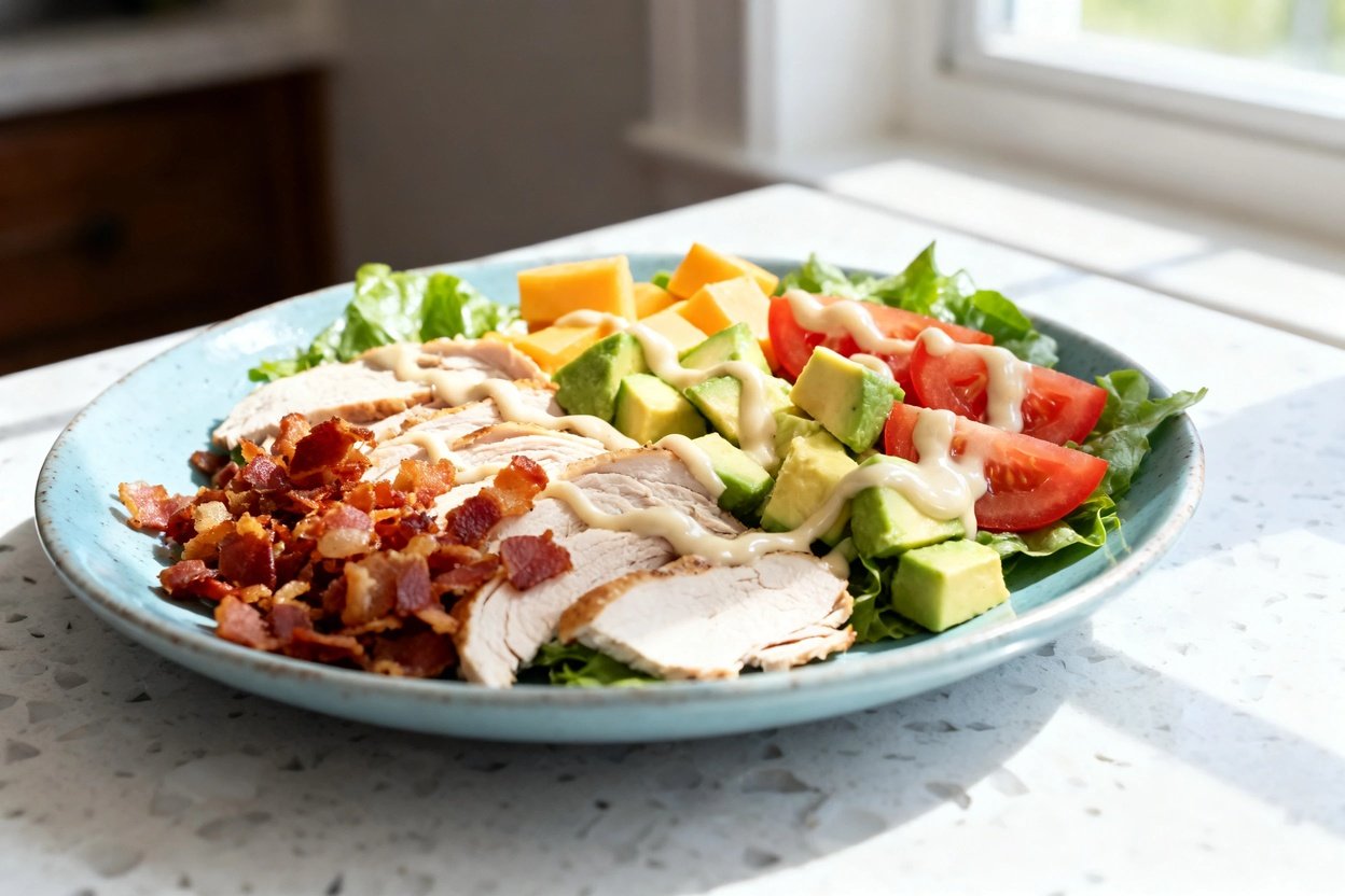  shot at ~30–45 degrees of the same plated low carb turkey club salad on the same light blue ceramic