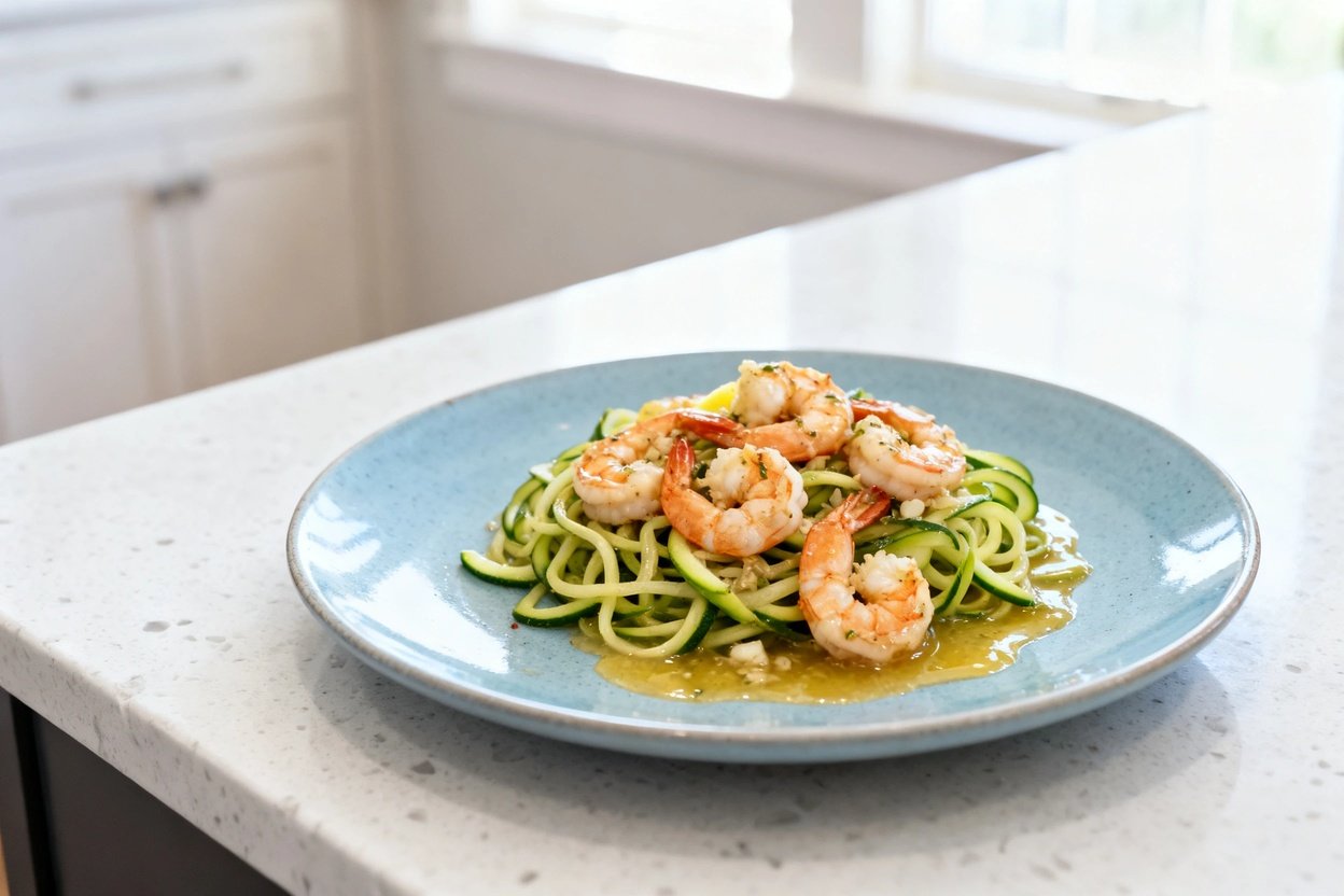 bout 30–40 degrees) photorealistic shot of the exact same finished keto garlic butter shrimp scampi