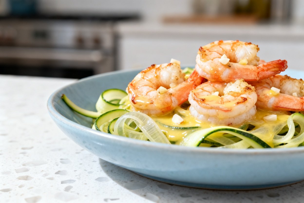 shot (about 30–45 degrees) emphasizing texture of the same keto garlic butter shrimp scampi over zu