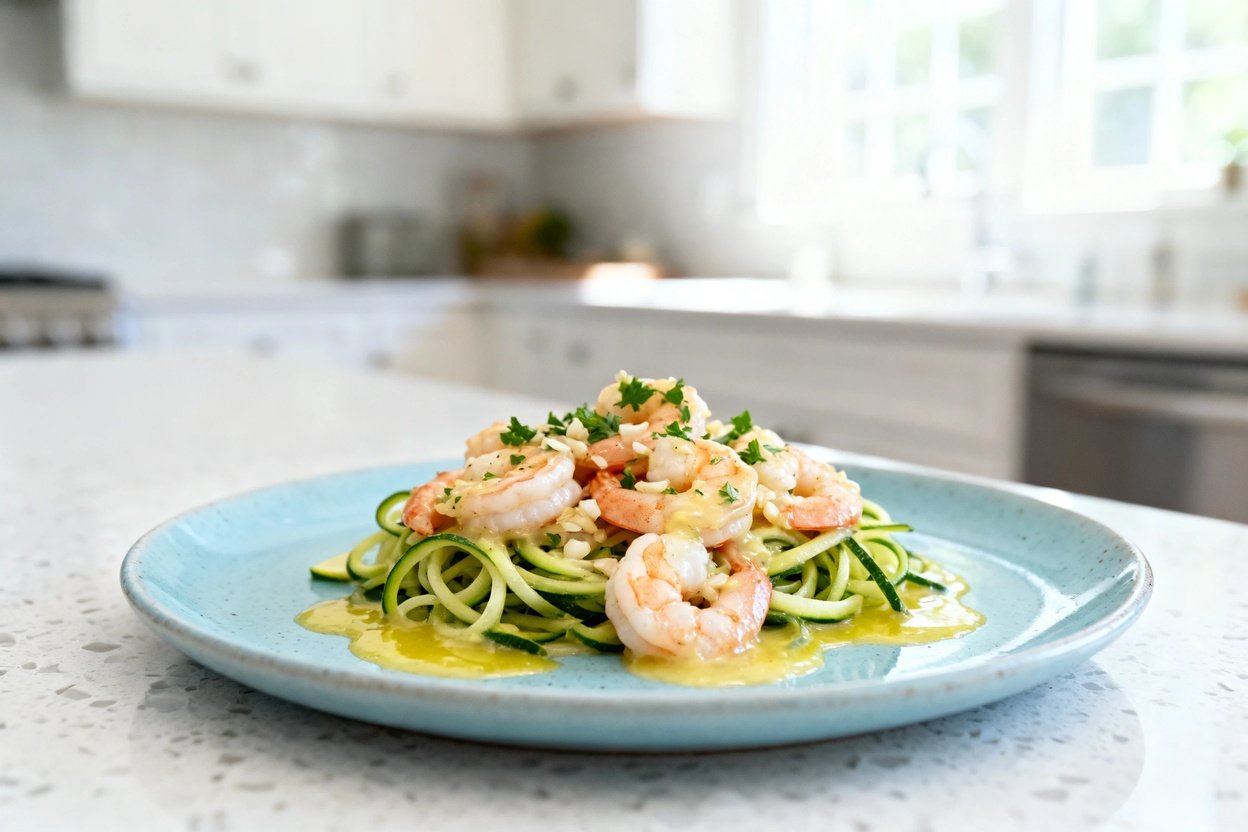 40 degree angled shot of the exact same finished dish and portion: garlic-butter shrimp over zucchin