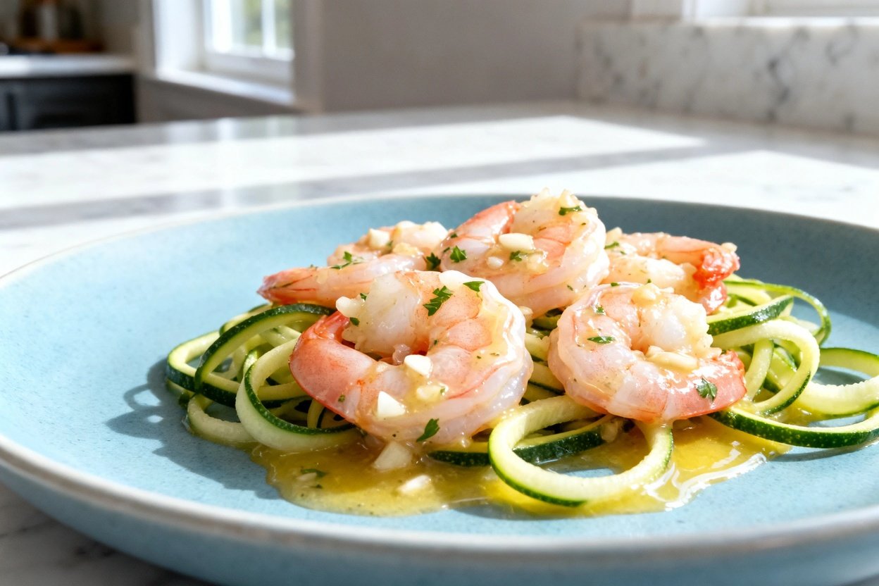 hoto at a 30–45 degree angle of the same plated keto garlic butter shrimp over zucchini noodles on t